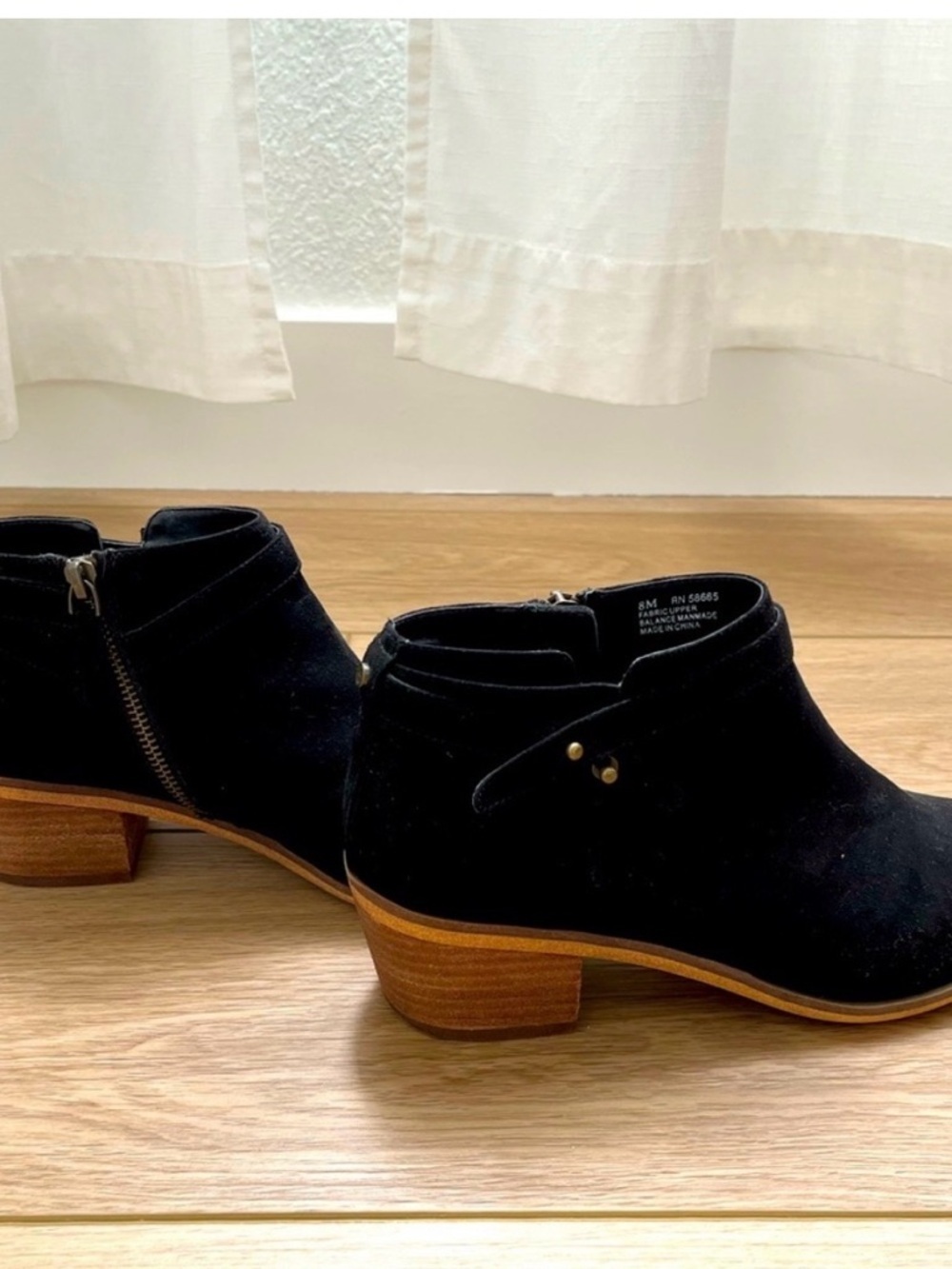 Melrose and Market Black Suede Ankle Booties with Wood-Tone Stacked Heel